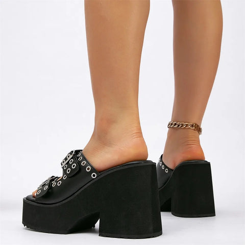 New Fashion Chunky High Heels Slides Goth Mules CODE: KAR4174