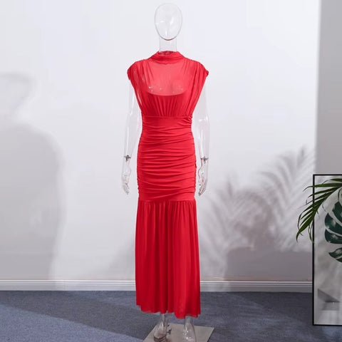 New Pleated Fly Sleeve Mesh Patchwork Maxi Long Dress CODE: KAR4177