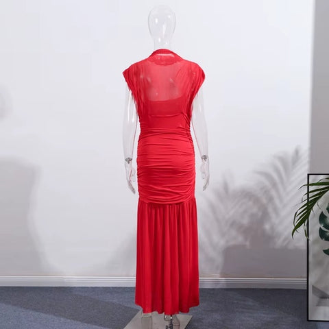 New Pleated Fly Sleeve Mesh Patchwork Maxi Long Dress CODE: KAR4177