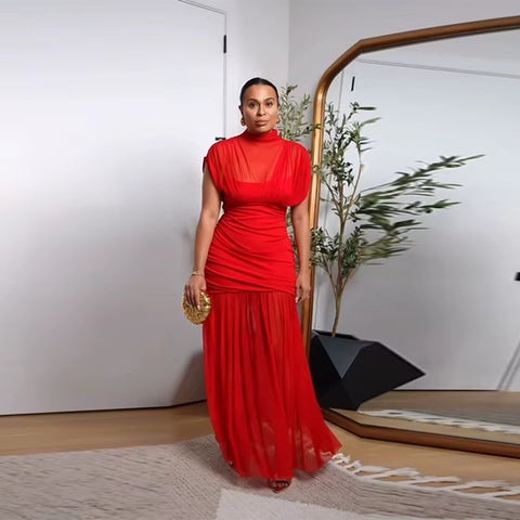 New Pleated Fly Sleeve Mesh Patchwork Maxi Long Dress CODE: KAR4177