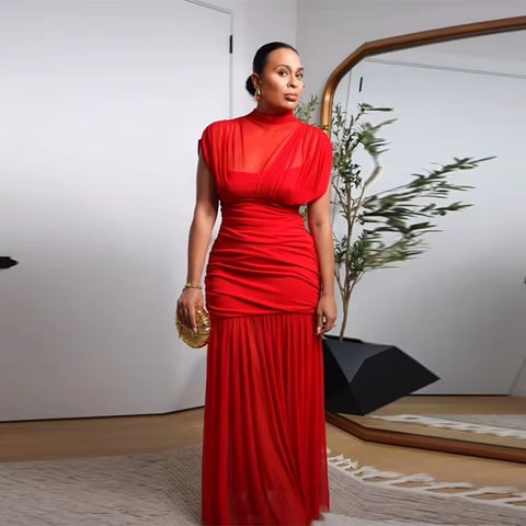 New Pleated Fly Sleeve Mesh Patchwork Maxi Long Dress CODE: KAR4177