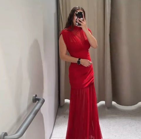 New Pleated Fly Sleeve Mesh Patchwork Maxi Long Dress CODE: KAR4177