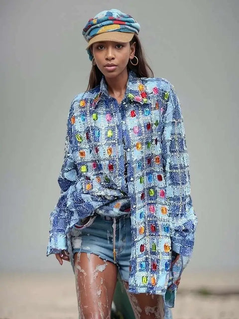 New Fashion Hot Drilling Rainbow Plaids Rhinestones Shirts CODE: KAR4183