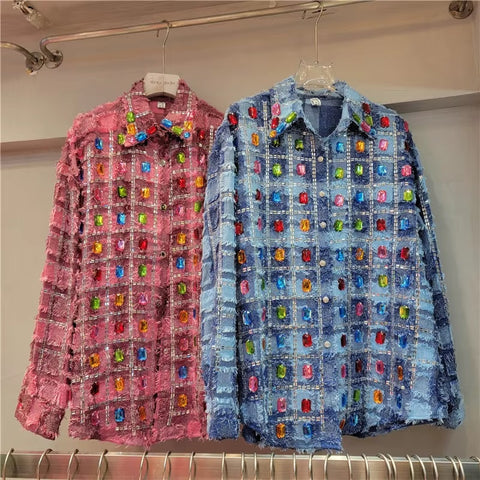 New Fashion Hot Drilling Rainbow Plaids Rhinestones Shirts CODE: KAR4183