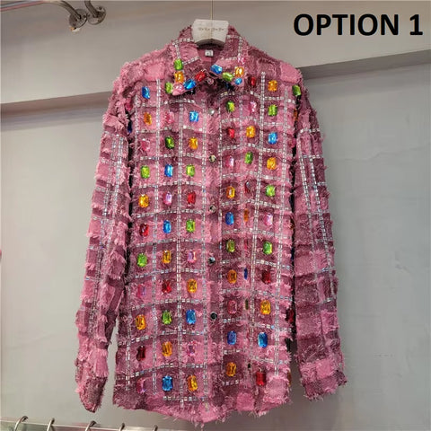 New Fashion Hot Drilling Rainbow Plaids Rhinestones Shirts CODE: KAR4183