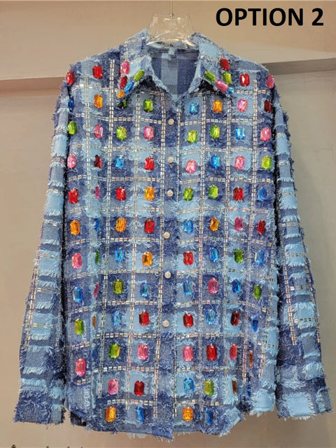New Fashion Hot Drilling Rainbow Plaids Rhinestones Shirts CODE: KAR4183