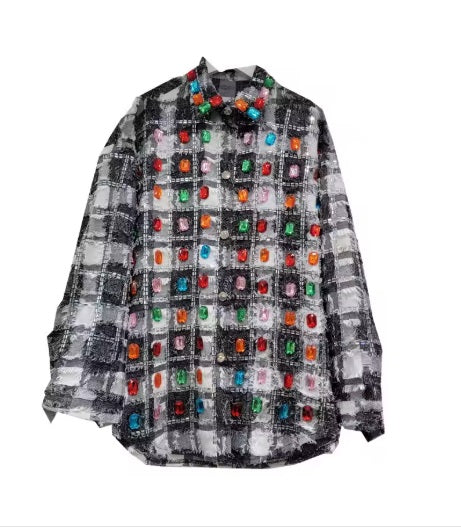 New Fashion Hot Drilling Rainbow Plaids Rhinestones Shirts CODE: KAR4183