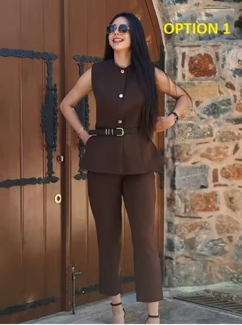 New O-Neck Casual Vest Top+High Waist Zipper Pocket Design Long Pant CODE: KAR4185