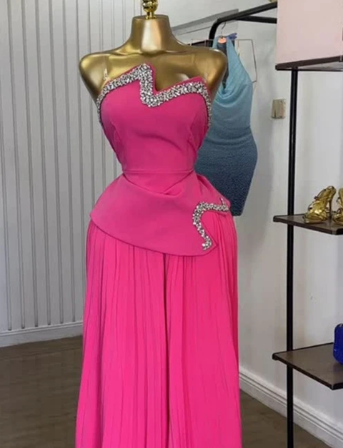 New Fashion Strapless and Diamond Studded Pleated Wide Leg Pants Set CODE: KAR4199