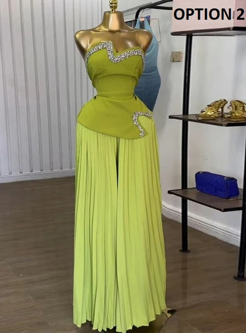 New Fashion Strapless and Diamond Studded Pleated Wide Leg Pants Set CODE: KAR4199