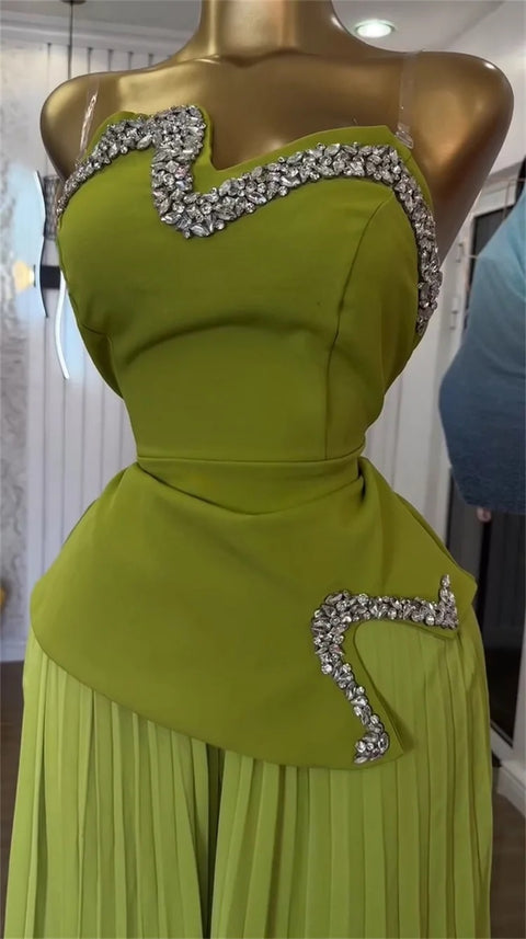 New Fashion Strapless and Diamond Studded Pleated Wide Leg Pants Set CODE: KAR4199