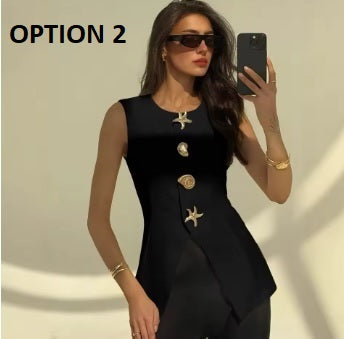 New V-neck Sexy short sleeveless vest with metal button CODE: KAR4201