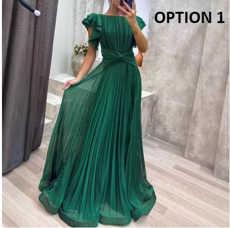 New Short Sleeve Pleated Skirt Cross-Border Sexy Long Dress CODE: KAR4207