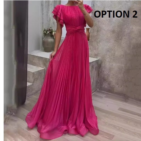 New Short Sleeve Pleated Skirt Cross-Border Sexy Long Dress CODE: KAR4207