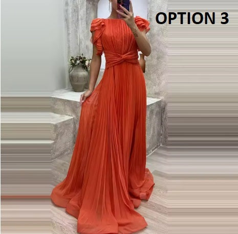 New Short Sleeve Pleated Skirt Cross-Border Sexy Long Dress CODE: KAR4207