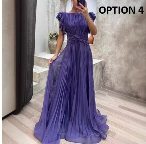 New Short Sleeve Pleated Skirt Cross-Border Sexy Long Dress CODE: KAR4207