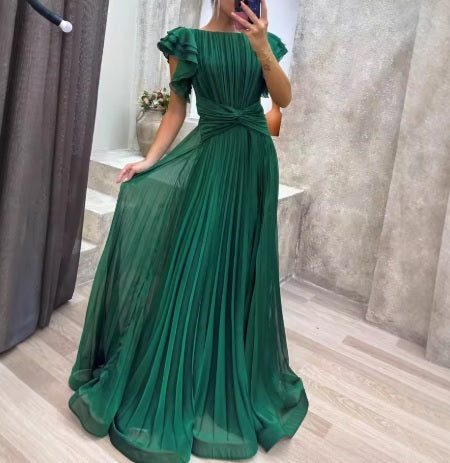 New Short Sleeve Pleated Skirt Cross-Border Sexy Long Dress CODE: KAR4207