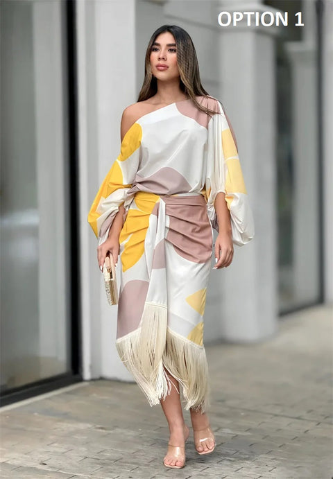 New Fashionable Fringed Printed Skirt Two-piece Set CODE: KAR4214