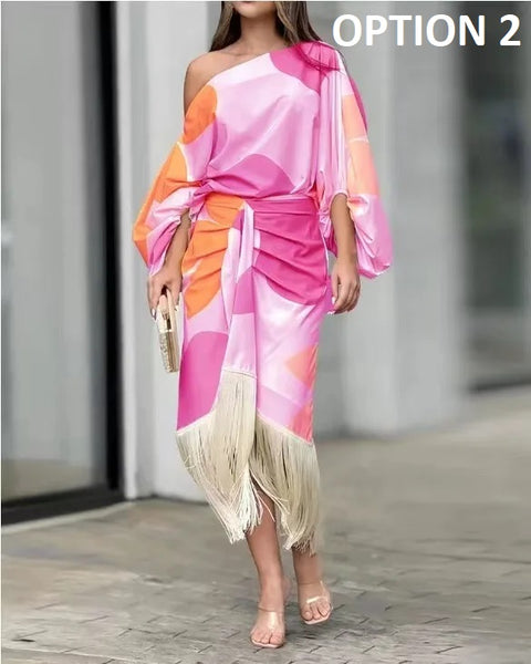 New Fashionable Fringed Printed Skirt Two-piece Set CODE: KAR4214