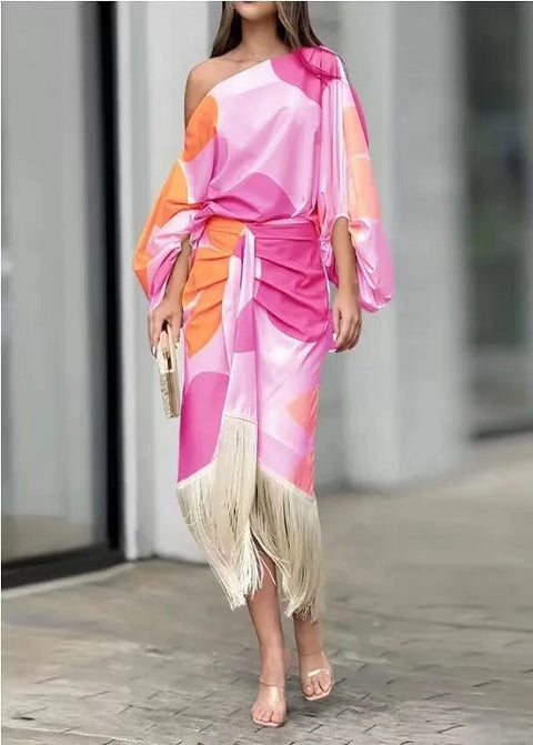 New Fashionable Fringed Printed Skirt Two-piece Set CODE: KAR4214