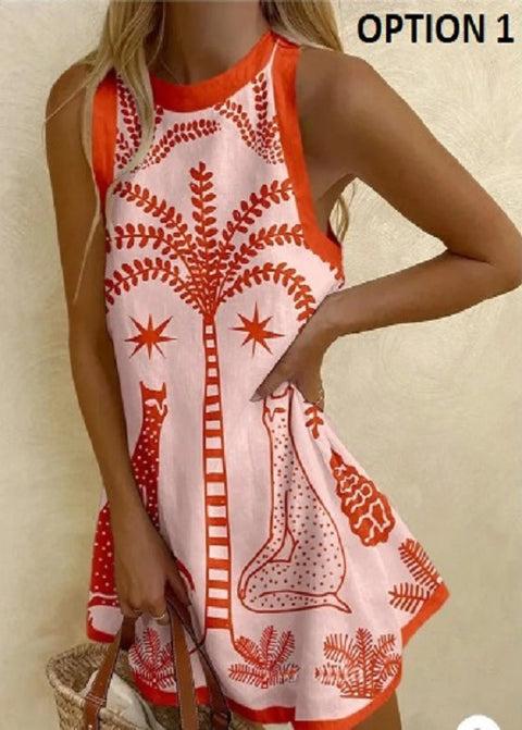 New Style Floral Print Linen Sleeveless Mini Dress CODE: KAR4235