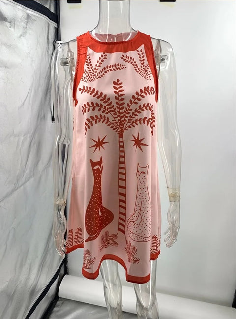 New Style Floral Print Linen Sleeveless Mini Dress CODE: KAR4235