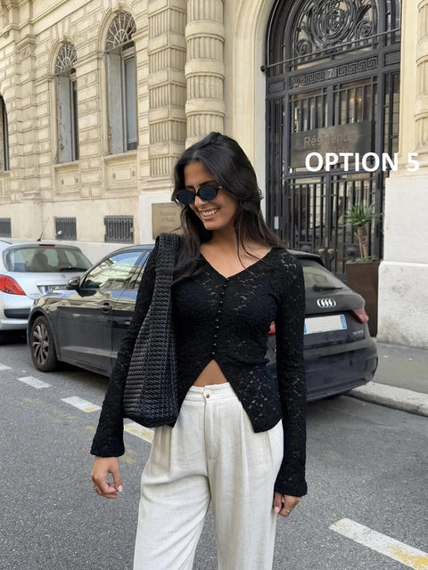 New Fashionable Long Sve Lace Hollow Tight Fit Top CODE: KAR4236