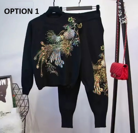 New Embroidery Velvet Pullover Top + Pant 2 Piece Set CODE: KAR4238