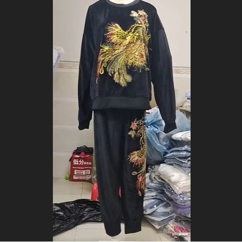 New Embroidery Velvet Pullover Top + Pant 2 Piece Set CODE: KAR4238