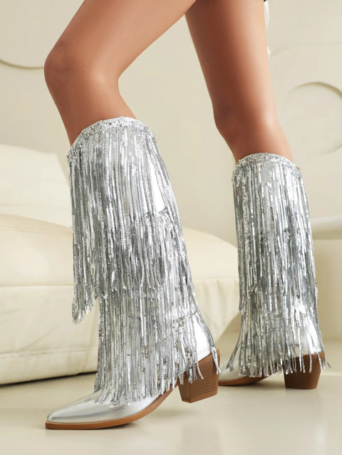 New Glitter Shiny Fringe Mid Calf Chunky Block Heels CODE: KAR4246