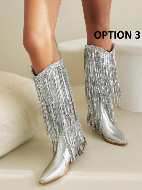 New Glitter Shiny Fringe Mid Calf Chunky Block Heels CODE: KAR4246