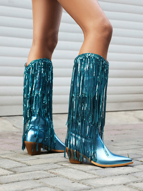 New Glitter Shiny Fringe Mid Calf Chunky Block Heels CODE: KAR4246
