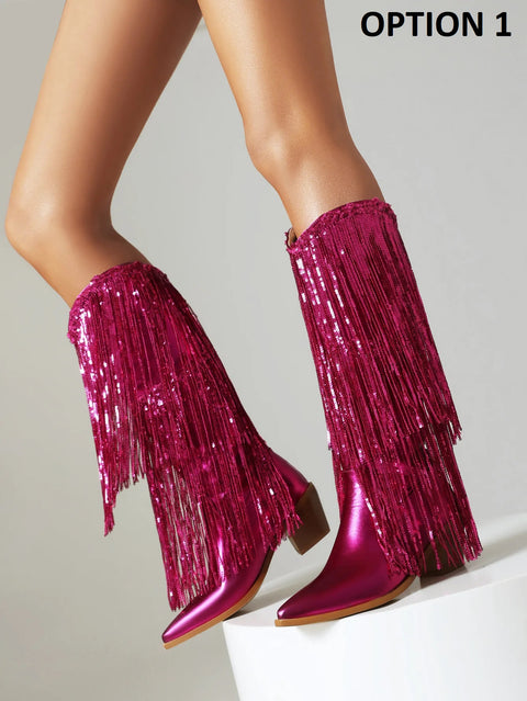 New Glitter Shiny Fringe Mid Calf Chunky Block Heels CODE: KAR4246