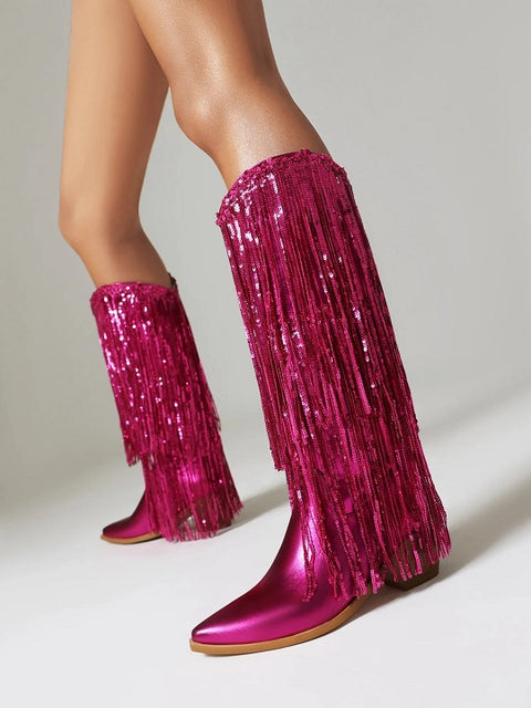 New Glitter Shiny Fringe Mid Calf Chunky Block Heels CODE: KAR4246