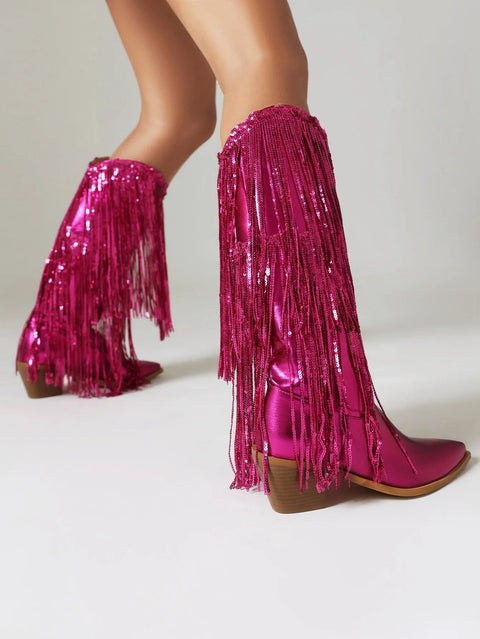 New Glitter Shiny Fringe Mid Calf Chunky Block Heels CODE: KAR4246