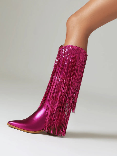 New Glitter Shiny Fringe Mid Calf Chunky Block Heels CODE: KAR4246