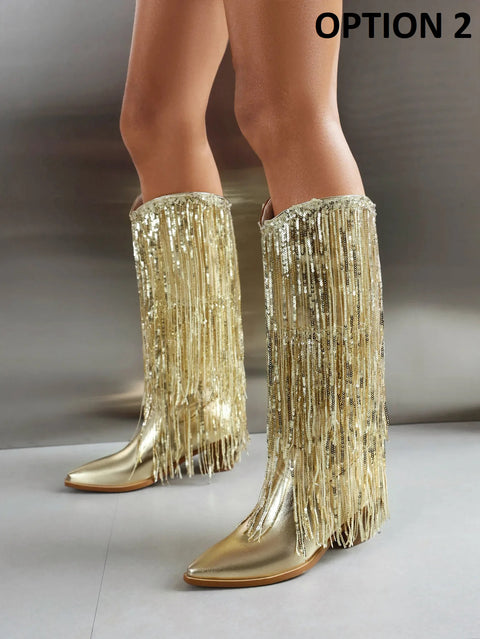 New Glitter Shiny Fringe Mid Calf Chunky Block Heels CODE: KAR4246