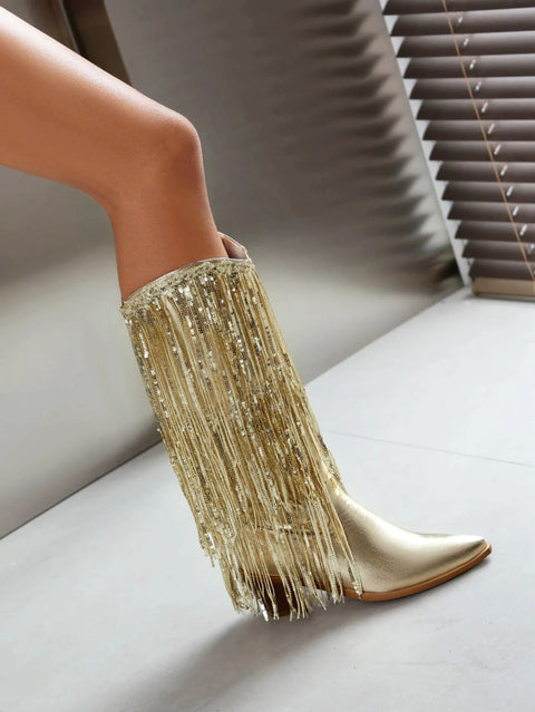 New Glitter Shiny Fringe Mid Calf Chunky Block Heels CODE: KAR4246