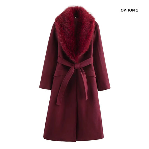 New Tweed Winter Long Fur Collar Belted Waist Casual Plus Size Jacket CODE: KAR4251