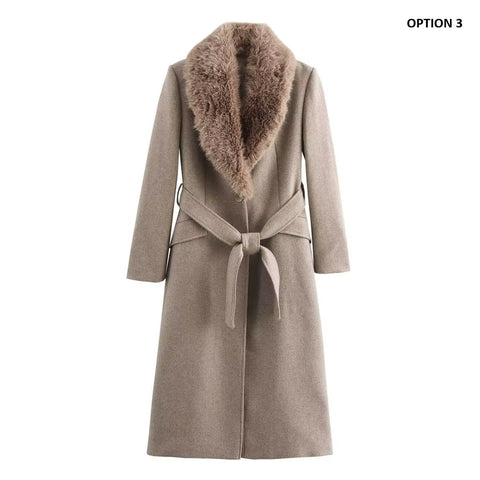 New Tweed Winter Long Fur Collar Belted Waist Casual Plus Size Jacket CODE: KAR4251