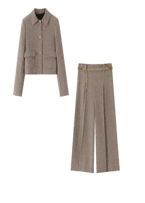 New Plaid Single Breasted & Side Zipper Trouser And Casual Lady Pant Set CODE: KAR4263