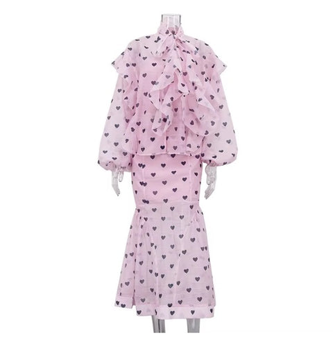 New Printed High-neck Puff Sleeve Scarf Shirt And Casual Lace Midi Skirt Set CODE: KAR4267