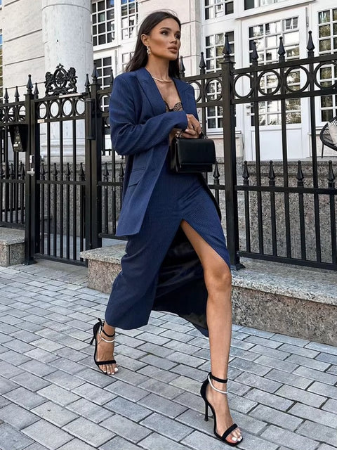 New Elegant Long Sleeve Blazer With High Waist Slit Long Skirt Set CODE: KAR4270