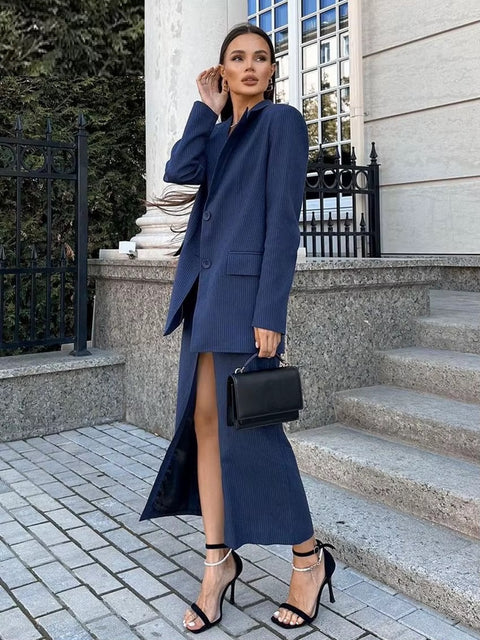 New Elegant Long Sleeve Blazer With High Waist Slit Long Skirt Set CODE: KAR4270