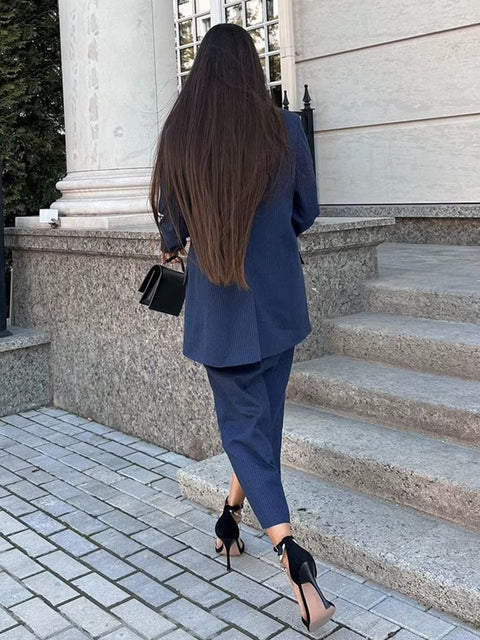 New Elegant Long Sleeve Blazer With High Waist Slit Long Skirt Set CODE: KAR4270