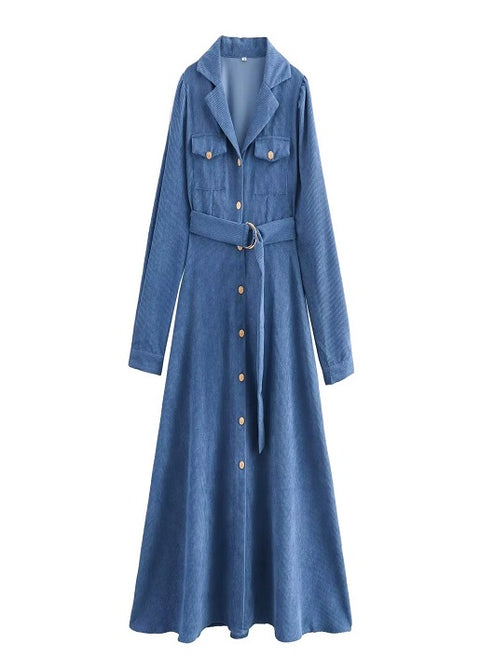 New Fashion Retro Long Sve with Belt Single Button Classical Long Dress CODE: KAR4275