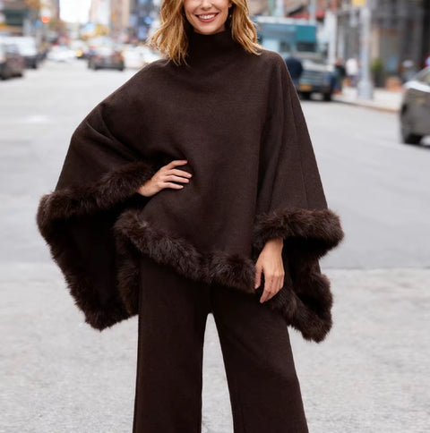 New Fashion High Neck Faux Wool Trimmed Woolen Cape Shawl CODE: KAR4278