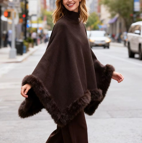 New Fashion High Neck Faux Wool Trimmed Woolen Cape Shawl CODE: KAR4278
