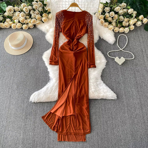 New Fashion Light Luxury Diamond-Embellished Long Sleeve Dress CODE: KAR4290