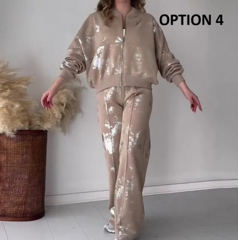 New  Fashion Sequin Printed Zipper Long Sleeves Hoodie and Pant Suit Set CODE: KAR4292